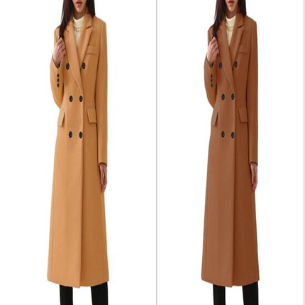 Women Winter Mid-Long Coat Double Breasted Lapel Jacket Outwear