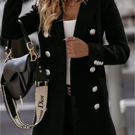 Women's Basic Notch Lapel Double Breasted Mid-Long Pea Coat