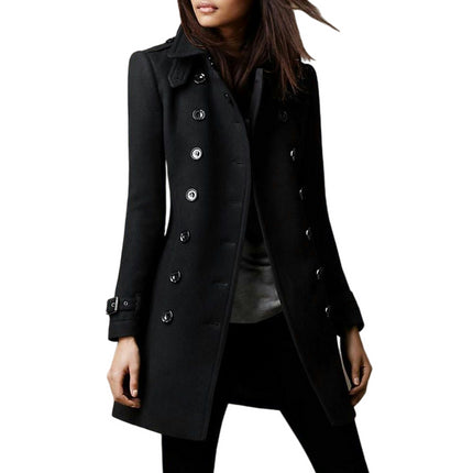 Double Breasted Coat Notch Lapel Over Coat Mid Long Winter Outwear for Women