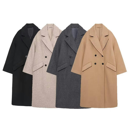 Women's Casual Notched Lapel Double Breasted Loose Trench Pea Coat