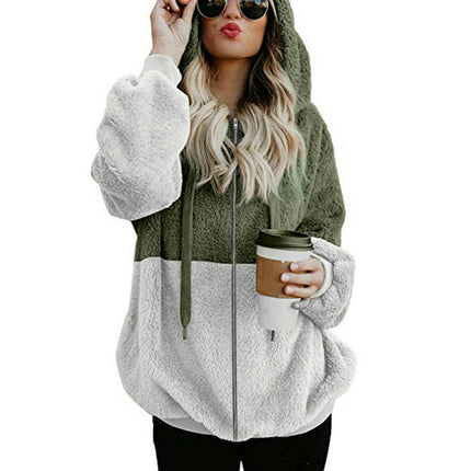 Women's Fuzzy Fleece Jacket Sherpa Zip Up Outerwear Coat Oversized Hoodie with Pockets