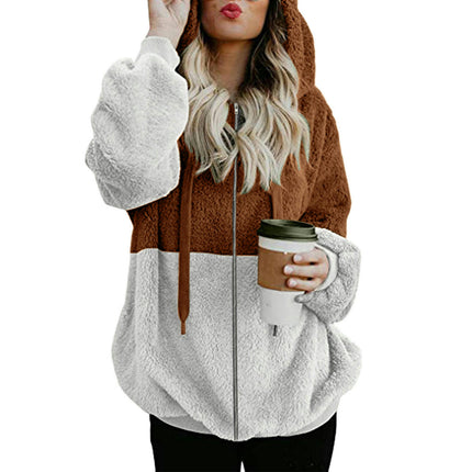 Women's Fuzzy Fleece Jacket Sherpa Zip Up Outerwear Coat Oversized Hoodie with Pockets