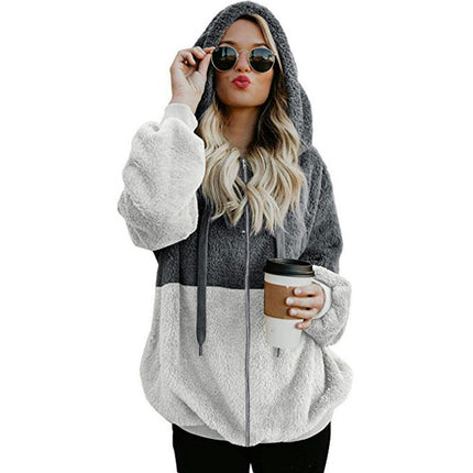 Women's Fuzzy Fleece Jacket Sherpa Zip Up Outerwear Coat Oversized Hoodie with Pockets