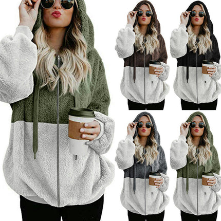 Women's Fuzzy Fleece Jacket Sherpa Zip Up Outerwear Coat Oversized Hoodie with Pockets