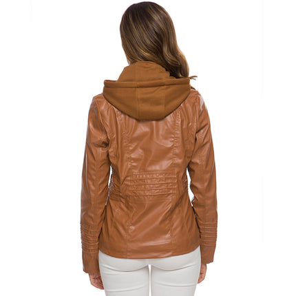 Women's Lightweight Leather Jacket Casual Motorcycle PU Biker Coat with Hood