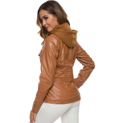 Women's Lightweight Leather Jacket Casual Motorcycle PU Biker Coat with Hood