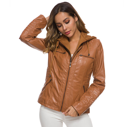 Women's Lightweight Leather Jacket Casual Motorcycle PU Biker Coat with Hood