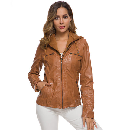 Women's Lightweight Leather Jacket Casual Motorcycle PU Biker Coat with Hood