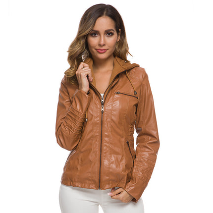 Women's Lightweight Leather Jacket Casual Motorcycle PU Biker Coat with Hood