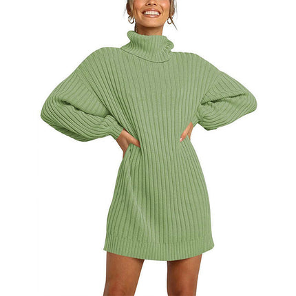 Women's High Neck Pullover Sweater Dress Lantern Sleeve Ribbed Knit Tunic Dresses