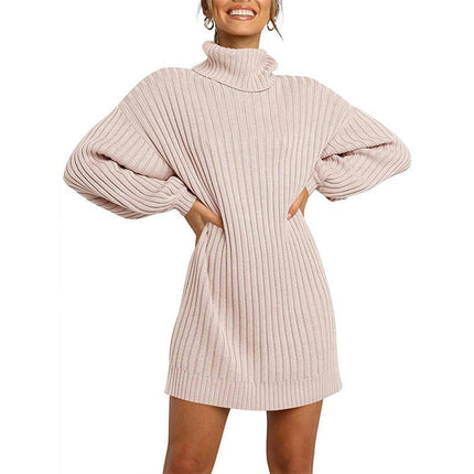 Women's High Neck Pullover Sweater Dress Lantern Sleeve Ribbed Knit Tunic Dresses