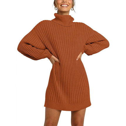 Women's High Neck Pullover Sweater Dress Lantern Sleeve Ribbed Knit Tunic Dresses