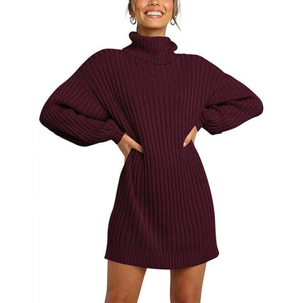 Women's High Neck Pullover Sweater Dress Lantern Sleeve Ribbed Knit Tunic Dresses