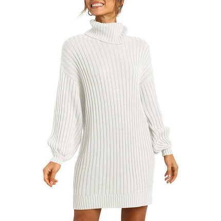 Women's High Neck Pullover Sweater Dress Lantern Sleeve Ribbed Knit Tunic Dresses