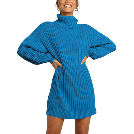 Women's High Neck Pullover Sweater Dress Lantern Sleeve Ribbed Knit Tunic Dresses