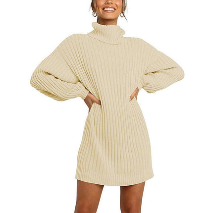 Women's High Neck Pullover Sweater Dress Lantern Sleeve Ribbed Knit Tunic Dresses