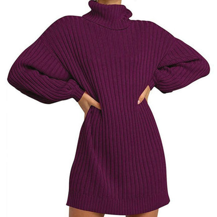 Women's High Neck Pullover Sweater Dress Lantern Sleeve Ribbed Knit Tunic Dresses