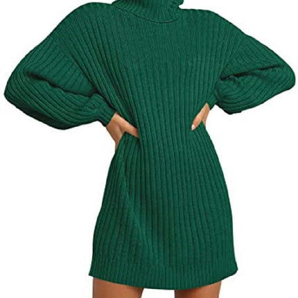 Women's High Neck Pullover Sweater Dress Lantern Sleeve Ribbed Knit Tunic Dresses