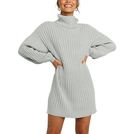 Women's High Neck Pullover Sweater Dress Lantern Sleeve Ribbed Knit Tunic Dresses