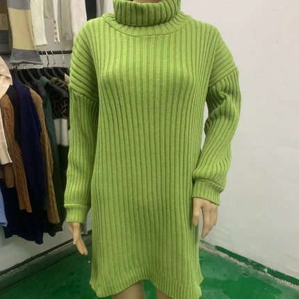 Women's High Neck Pullover Sweater Dress Lantern Sleeve Ribbed Knit Tunic Dresses