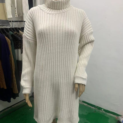 Women's High Neck Pullover Sweater Dress Lantern Sleeve Ribbed Knit Tunic Dresses