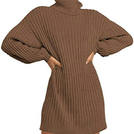 Women's High Neck Pullover Sweater Dress Lantern Sleeve Ribbed Knit Tunic Dresses