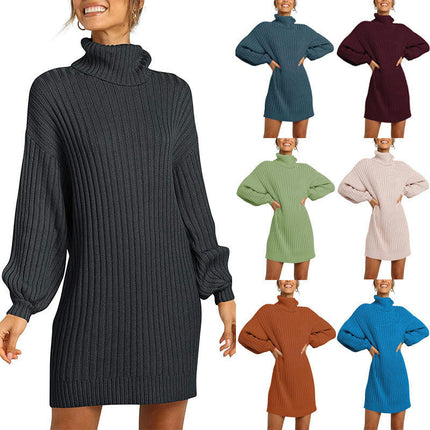 Women's High Neck Pullover Sweater Dress Lantern Sleeve Ribbed Knit Tunic Dresses