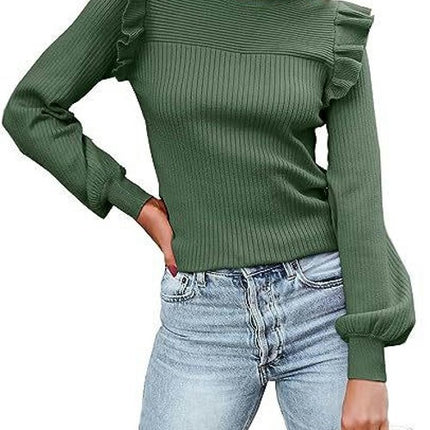 Women's Long Sleeve Sweaters Ruffle Sweater for Women Cozy Knit Pullover Sweater Tops