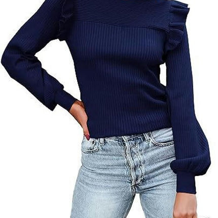 Women's Long Sleeve Sweaters Ruffle Sweater for Women Cozy Knit Pullover Sweater Tops