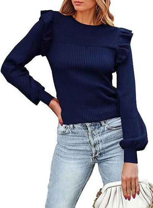 Women's Long Sleeve Sweaters Ruffle Sweater for Women Cozy Knit Pullover Sweater Tops