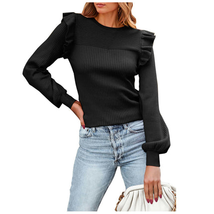 Women's Long Sleeve Sweaters Ruffle Sweater for Women Cozy Knit Pullover Sweater Tops