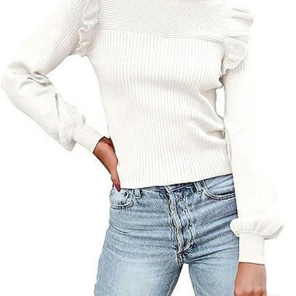 Women's Long Sleeve Sweaters Ruffle Sweater for Women Cozy Knit Pullover Sweater Tops