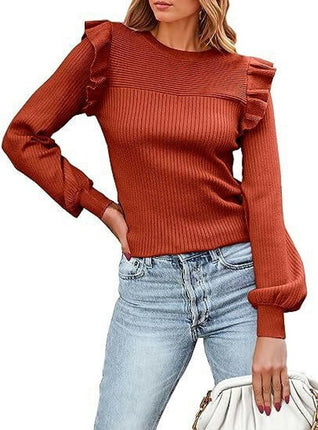 Women's Long Sleeve Sweaters Ruffle Sweater for Women Cozy Knit Pullover Sweater Tops