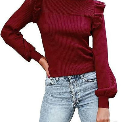 Women's Long Sleeve Sweaters Ruffle Sweater for Women Cozy Knit Pullover Sweater Tops