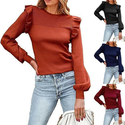 Women's Long Sleeve Sweaters Ruffle Sweater for Women Cozy Knit Pullover Sweater Tops