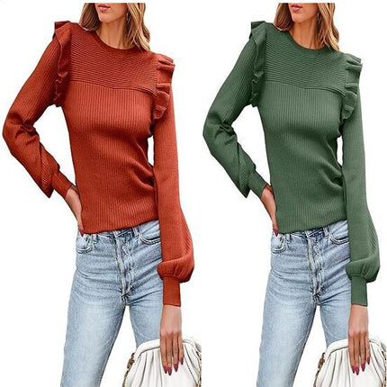 Women's Long Sleeve Sweaters Ruffle Sweater for Women Cozy Knit Pullover Sweater Tops