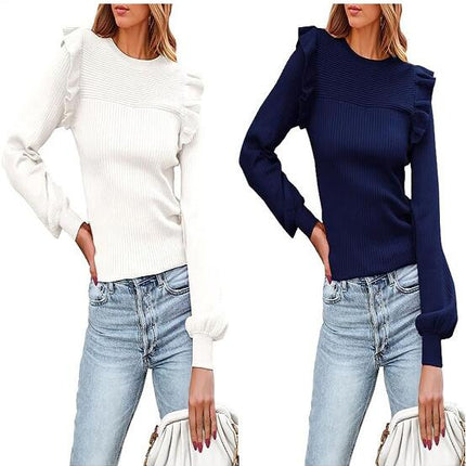 Women's Long Sleeve Sweaters Ruffle Sweater for Women Cozy Knit Pullover Sweater Tops