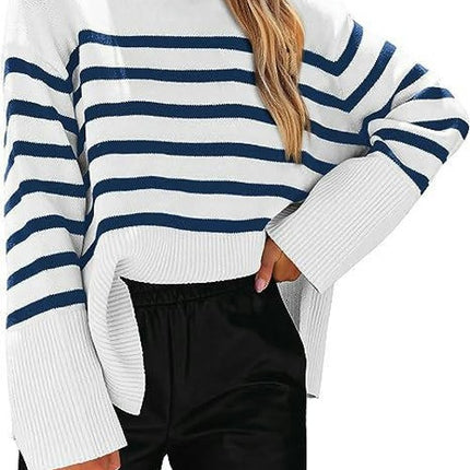 Women's Fall Winter Striped Sweaters Long Sleeve Round Neck Knitted Pullover Tops