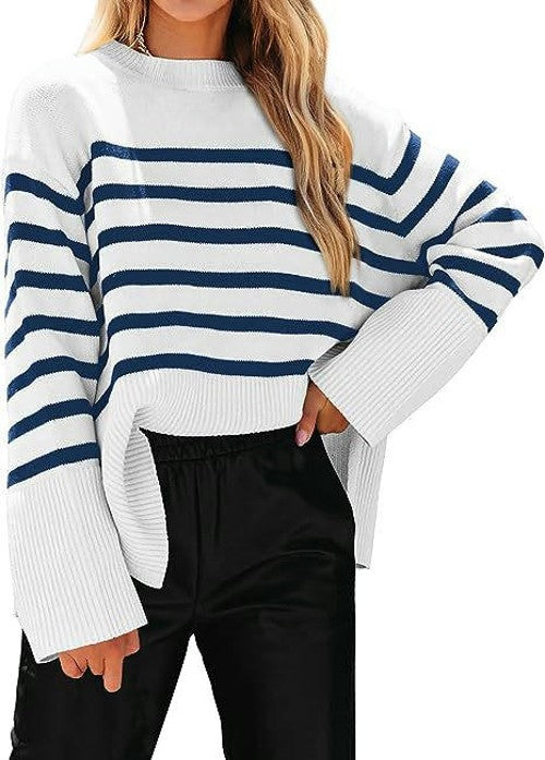 Women's Fall Winter Striped Sweaters Long Sleeve Round Neck Knitted Pullover Tops