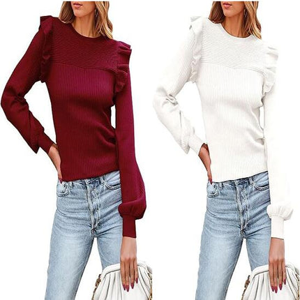 Women's Long Sleeve Sweaters Ruffle Sweater for Women Cozy Knit Pullover Sweater Tops