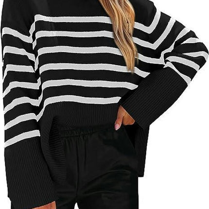 Women's Fall Winter Striped Sweaters Long Sleeve Round Neck Knitted Pullover Tops