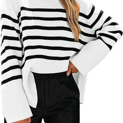 Women's Fall Winter Striped Sweaters Long Sleeve Round Neck Knitted Pullover Tops