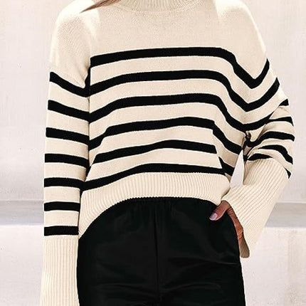 Women's Fall Winter Striped Sweaters Long Sleeve Round Neck Knitted Pullover Tops