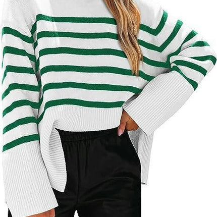 Women's Fall Winter Striped Sweaters Long Sleeve Round Neck Knitted Pullover Tops