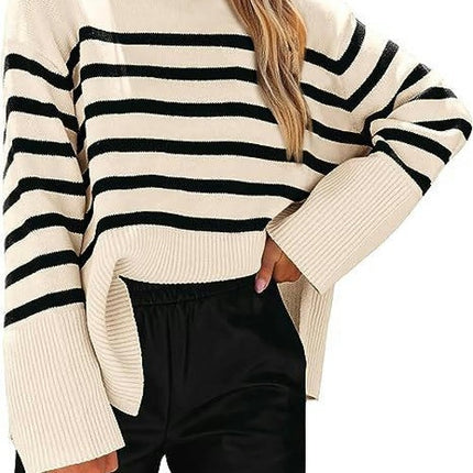 Women's Fall Winter Striped Sweaters Long Sleeve Round Neck Knitted Pullover Tops