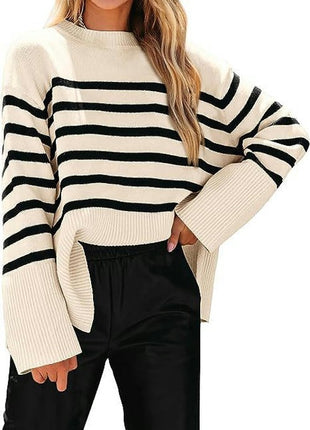 Women's Fall Winter Striped Sweaters Long Sleeve Round Neck Knitted Pullover Tops