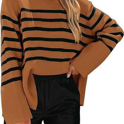 Women's Fall Winter Striped Sweaters Long Sleeve Round Neck Knitted Pullover Tops