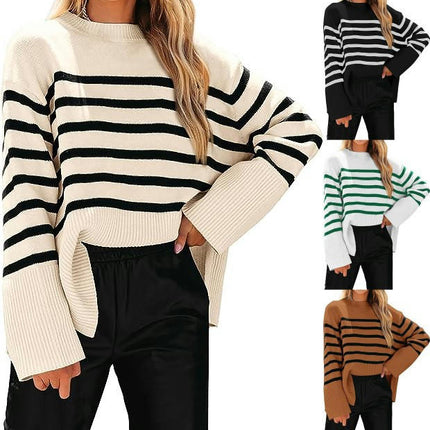 Women's Fall Winter Striped Sweaters Long Sleeve Round Neck Knitted Pullover Tops