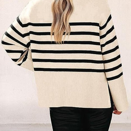 Women's Fall Winter Striped Sweaters Long Sleeve Round Neck Knitted Pullover Tops