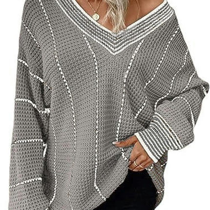 Women's Striped Tunic Long Sleeve Sweaters Casual V Neck Color Block Knit Pullover Jumper Tops